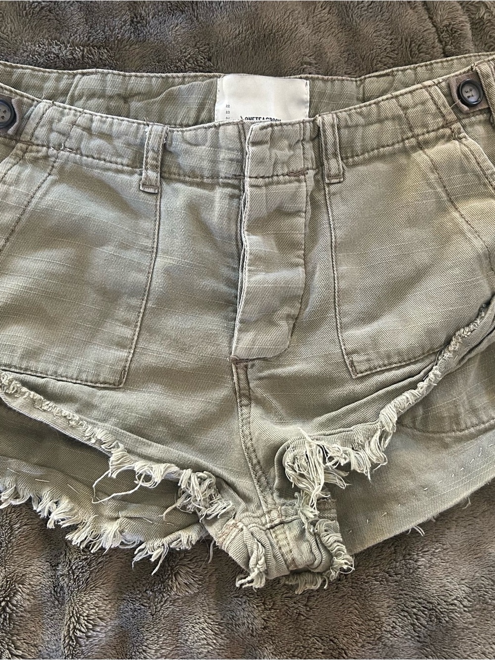 One Teaspoon Olive Green Frayed Hem Cargo Shorts